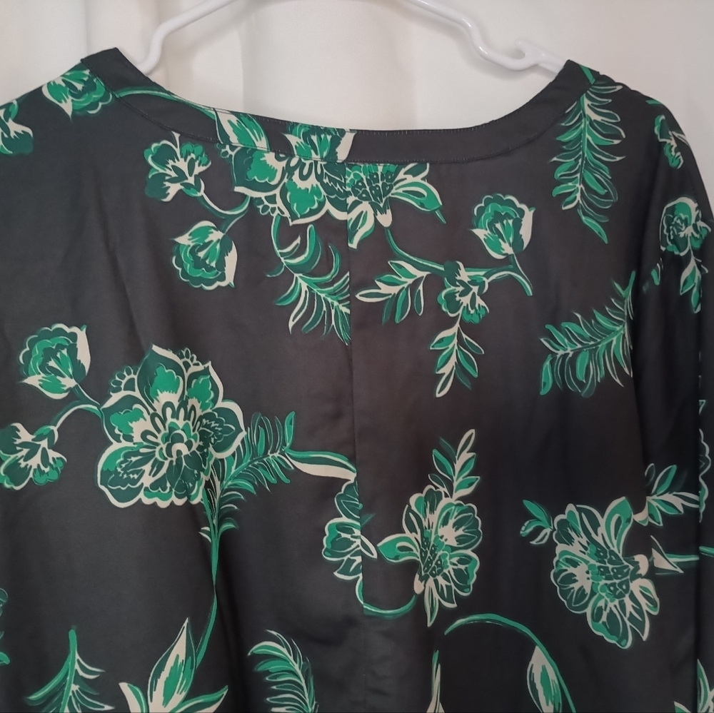 Catherines 3X Button Front Blouse Top Kelly Green Floral Satin Peasant - Picture 4 of 13